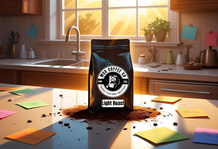 Matte black coffee bag labeled “Light Roast” at the bottom, with MUG Coffee Co logo centered. Surrounded by light-colored coffee beans and fine grounds, showcasing the brightness and delicacy of the roast.