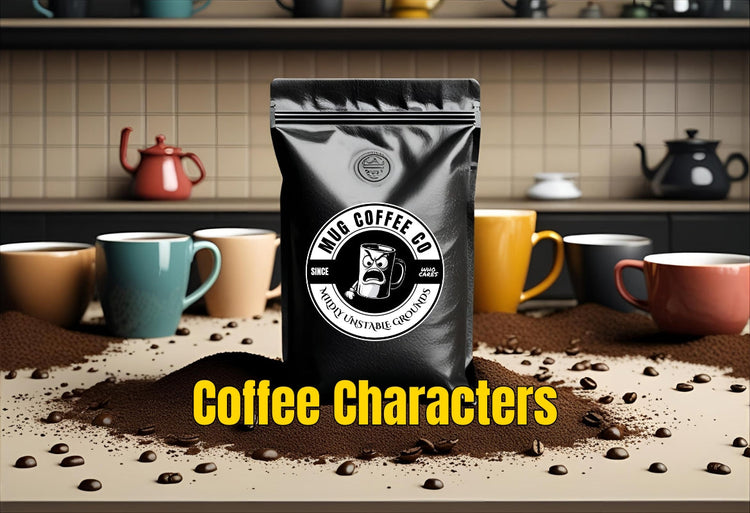 Matte black coffee bag with MUG Coffee Co logo, surrounded by scattered beans and grounds. Bold “Coffee Characters” text in ⚠️ Warning Yellow. Coffee characters lineup represents chaotic, unfiltered personalities.