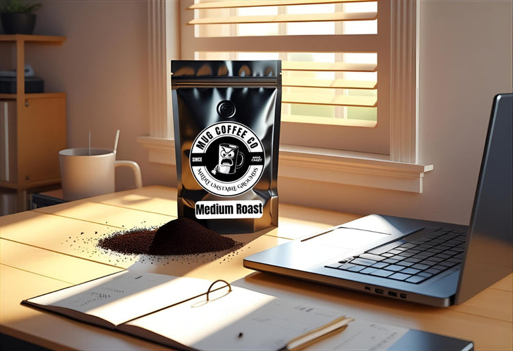 Matte black coffee bag labeled “Medium Roast” at the bottom, featuring the MUG Coffee Co logo. Coffee grounds highlight the smooth, balanced flavor profile of medium roasts.