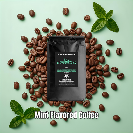 Mint flavored coffee package from MUG Coffee Co 'Bad Mintentions' surrounded by coffee beans on a light green background