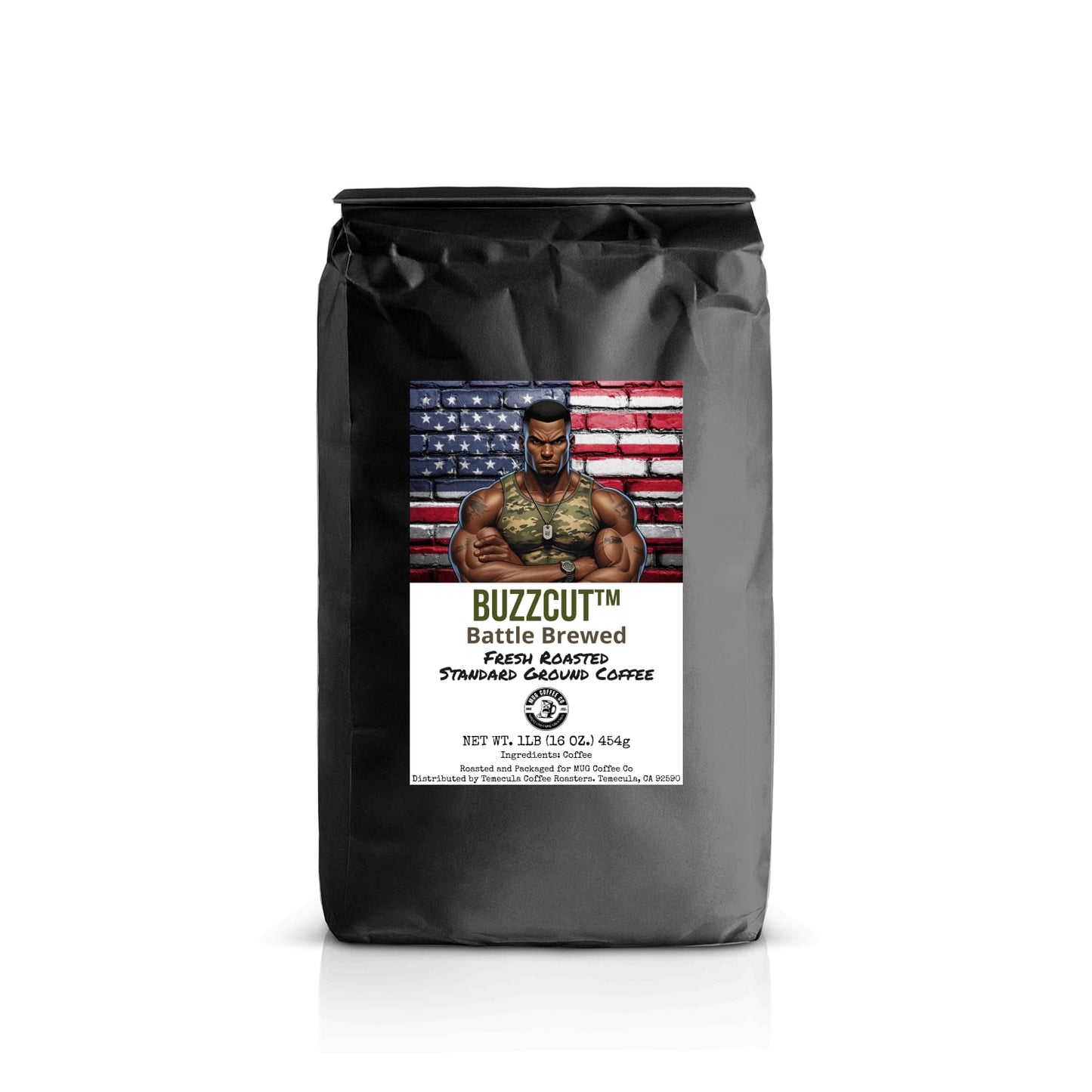 1-pound black bag with muscular Buzzcut™ character and American flag backdrop. Label reads: “Buzzcut™ – Battle Brewed – Fresh Roasted Standard Ground Coffee.”