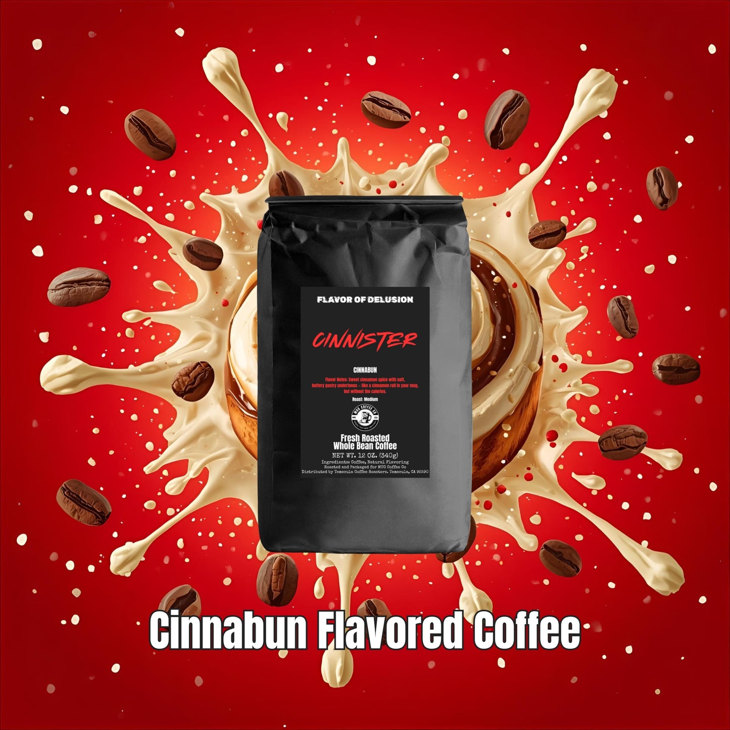 Black coffee bag with 'Cinnister' branding on a red background with coffee beans and cream.