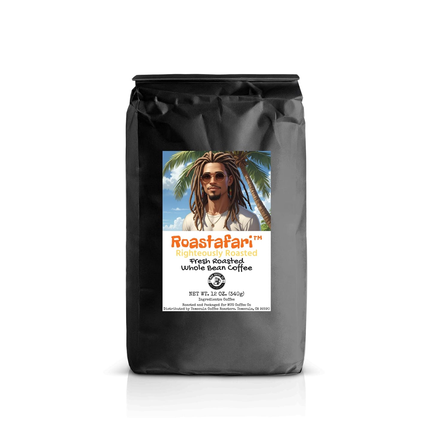 12 oz whole bean black coffee bag featuring a label with a dreadlocked figure and palm trees against a white backdrop.