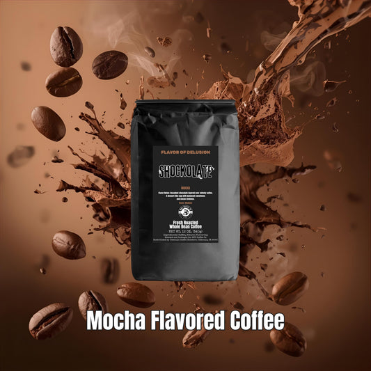 Mocha flavored coffee package from MUG Coffee Co with coffee beans and chocolate splashes on a brown background