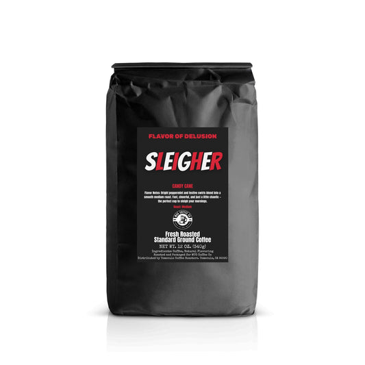 Black coffee bag 12 oz standard ground with 'Sleigher' Candy Cane flavored coffee from MUG Coffee Co on a white background