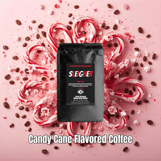 'Sleigher' Candy Cane Flavored Coffee bag from MUG Coffee Co surrounded by candy canes and coffee beans on a pink background