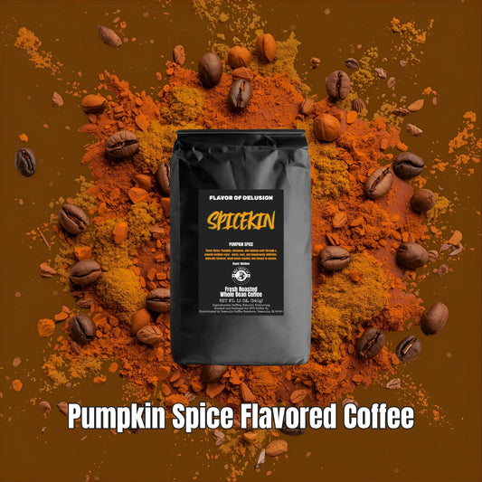 Pumpkin spice flavored coffee package from MUG Coffee Co surrounded by coffee beans and pumpkin spice powder on a brown background.