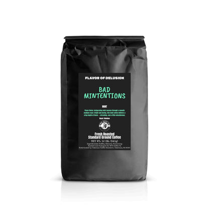 Black coffee bag 12 oz Standard Ground with 'Bad Mintentions' label on a white background from MUG Coffee Co