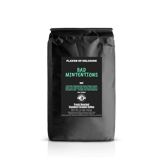 Black coffee bag 12 oz Standard Ground with 'Bad Mintentions' label on a white background from MUG Coffee Co
