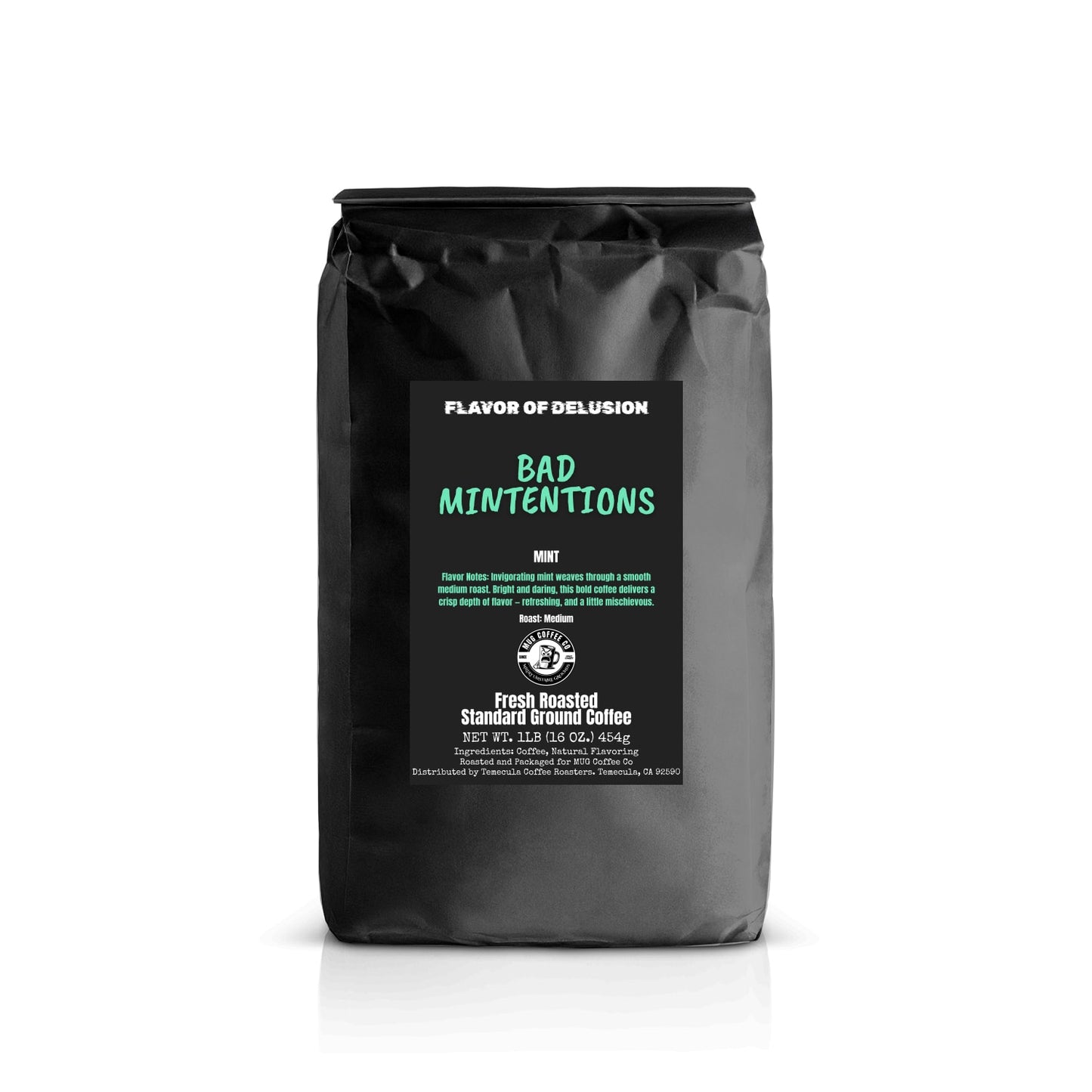 Black coffee bag 1 LB Standard Ground with 'Bad Mintentions' label on a white background from MUG Coffee Co