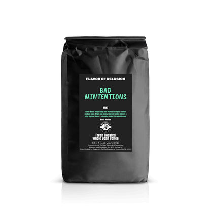 Black coffee bag 12 oz Whole Bean with 'Bad Mintentions' label on a white background from MUG Coffee Co
