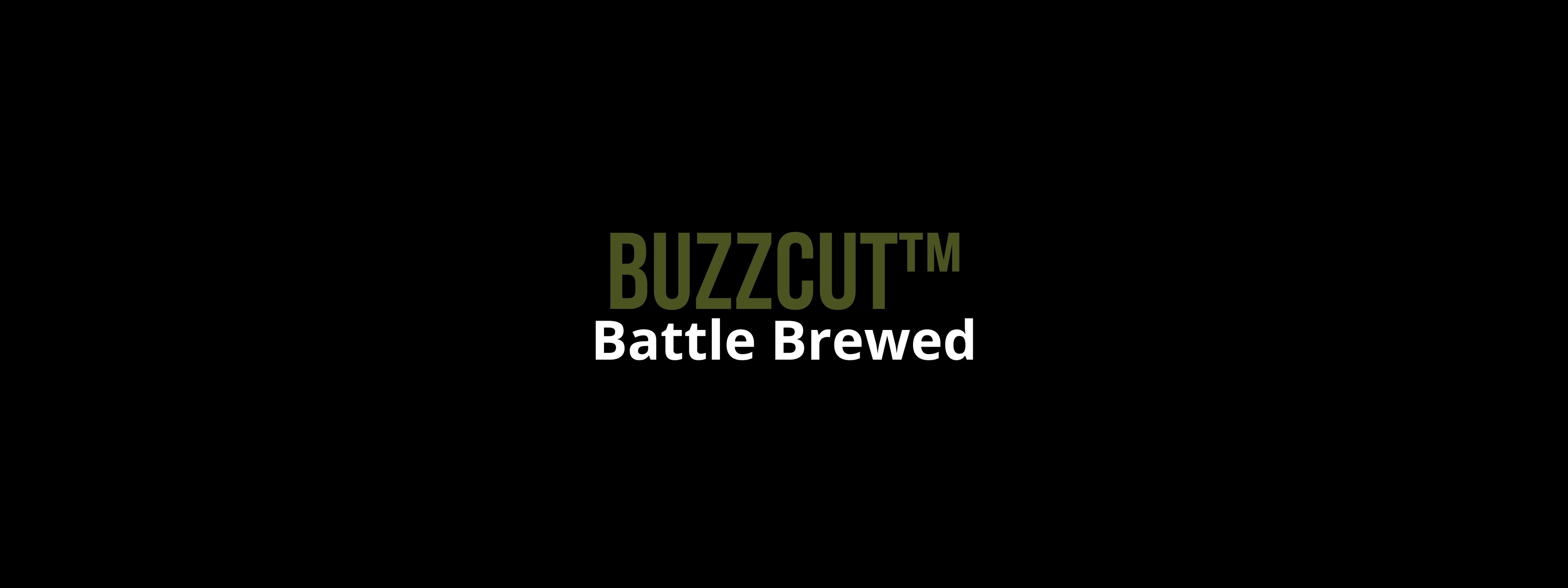 Buzzcut Coffee Character logo with "Battle Brewed" tagline in white text on a black background.
