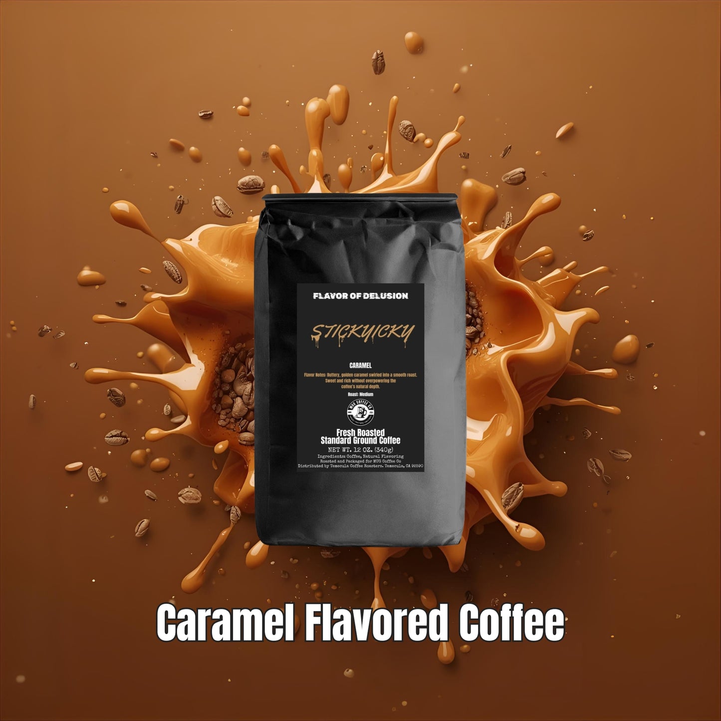 Caramel flavored coffee package from MUG Coffee Co with splashing caramel and coffee beans on a brown background