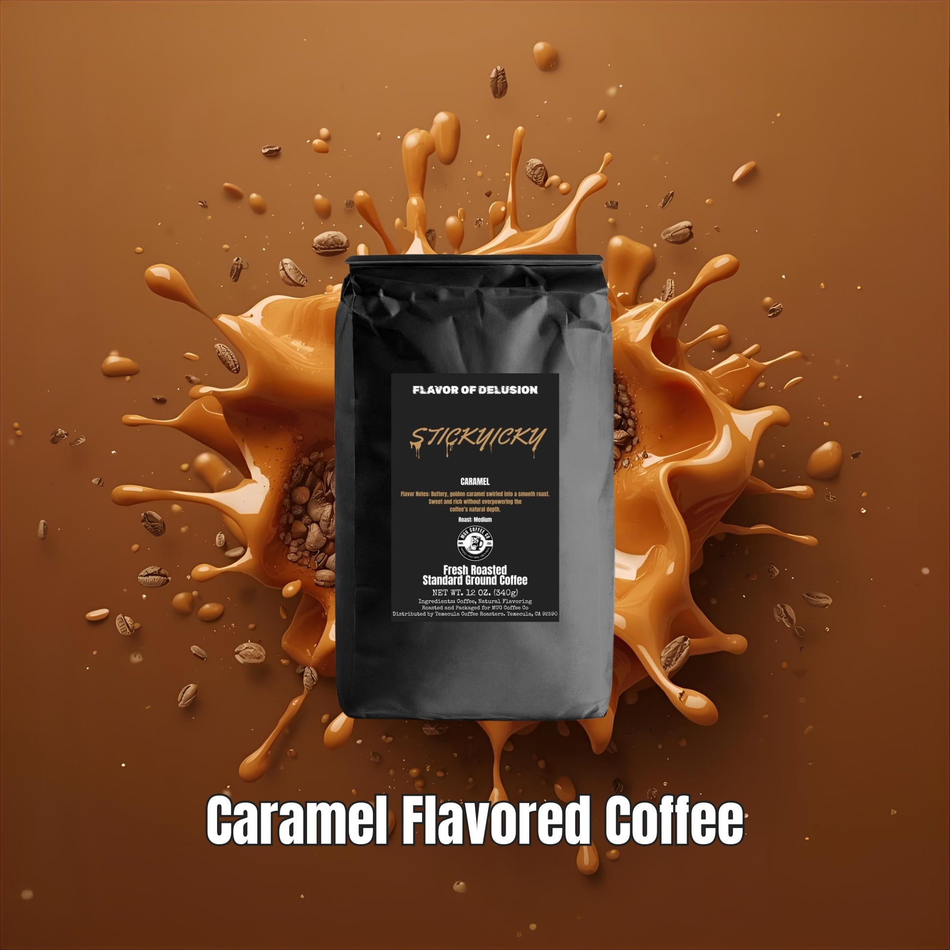 Caramel flavored coffee package from MUG Coffee Co with splashing caramel and coffee beans on a brown background