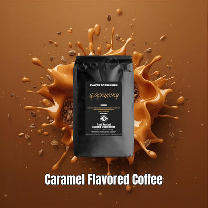 Caramel flavored coffee package from MUG Coffee Co with splashing caramel and coffee beans on a brown background