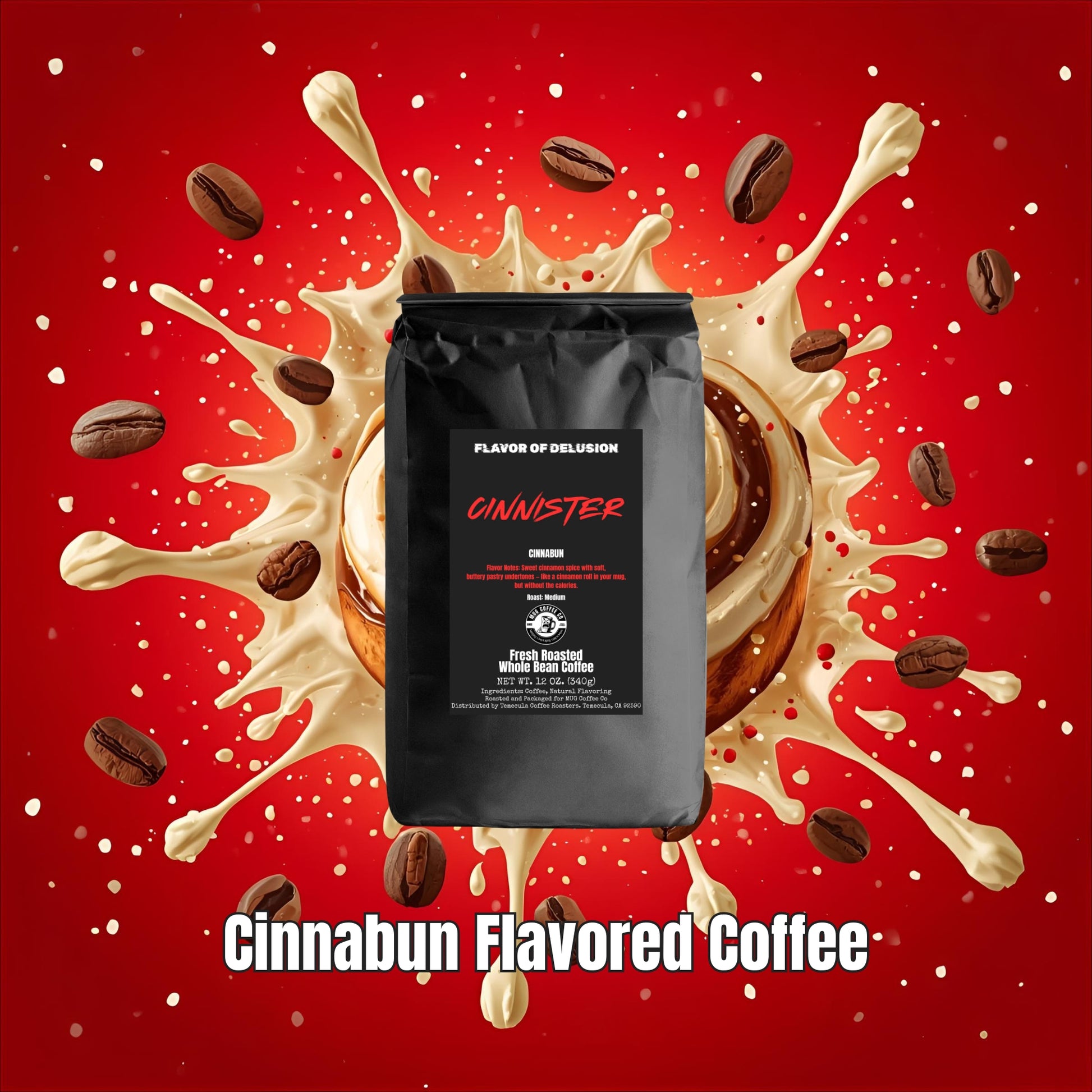 Black coffee bag with 'Cinnister' branding on a red background with coffee beans and cream.