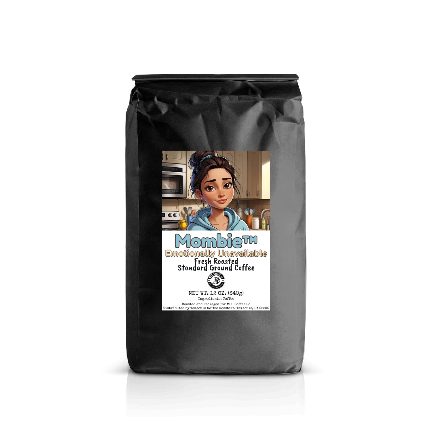 Black 12 oz coffee bag with a label featuring a tired mom juggling chaos and caffeine, set against a muted, cozy background.