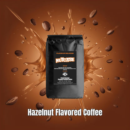 Nutcase Hazelnut flavored coffee bag from MUG Coffee Co with hazelnut splash on orange brown background