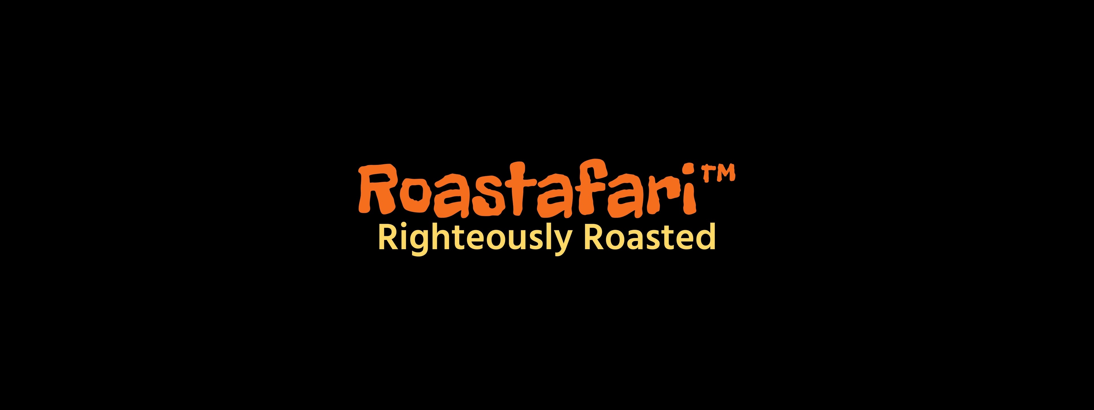 Roastafari Coffee Character logo with "Righteously Roasted" tagline in coconut yellow text on a black background.