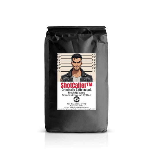 ShotCaller™ 12oz Bag – Standard Ground Coffee. Matte black packaging with mugshot label featuring tattooed rebel. Tagline: Criminally Caffeinated.