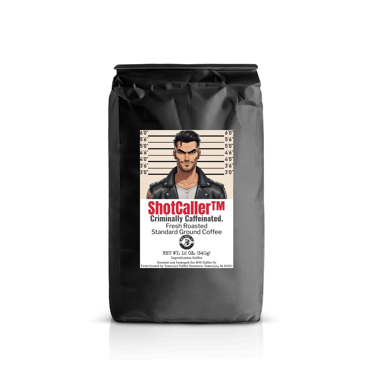Coffee bag with a mugshot design featuring a person and 'ShotCaller' branding on a white background.