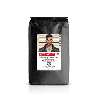 Coffee bag with a mugshot design featuring a person and 'ShotCaller' branding on a white background.