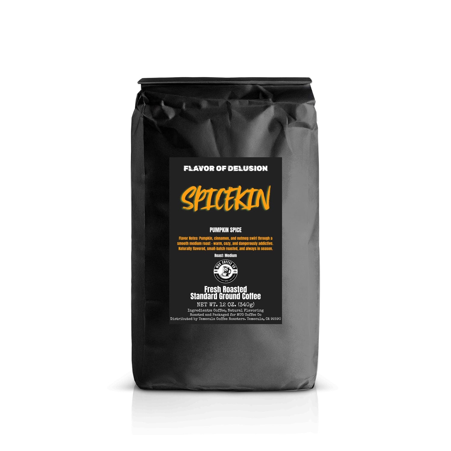 Black standard ground coffee 12 oz bag with 'Spicekin' Pumpkin Spice flavored coffee branding on a black background