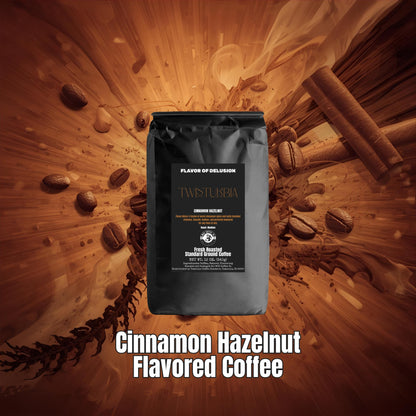 Cinnamon Hazelnut flavored coffee package from MUG Coffee Co with coffee beans and cinnamon sticks and hazelnut explosion on a copper brown background